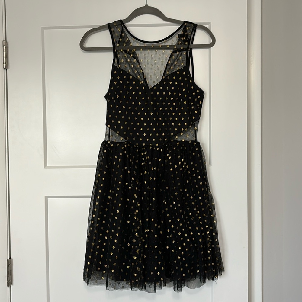 Black Tulle Mini Dress with Gold Polka Dots